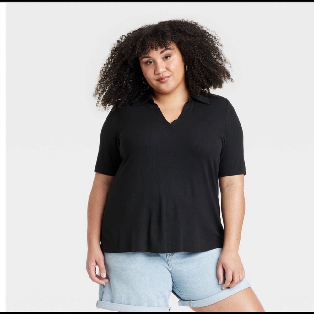 NWT Ava & Viv 3X Ribbed Polo Shirt Black Short Sleeve Cotton Soft Plus Size